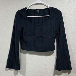Dark Gray Ribbed Knit Long Sleeve Scoop Crop Top